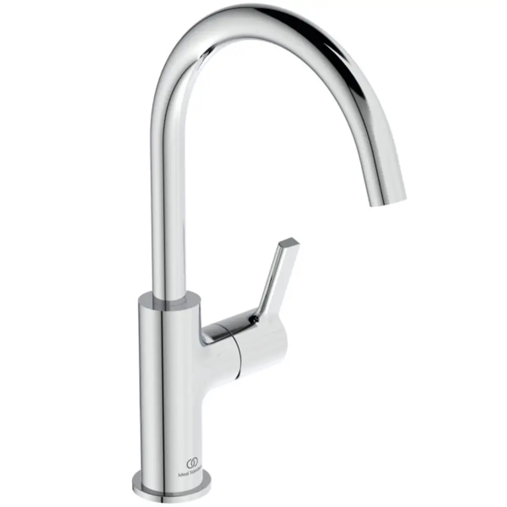 Waschtischarmatur aus verchromtem Metall von Ideal Standard, mit einem hohen Auslauf und einem Hebel zur Wasserregulierung.